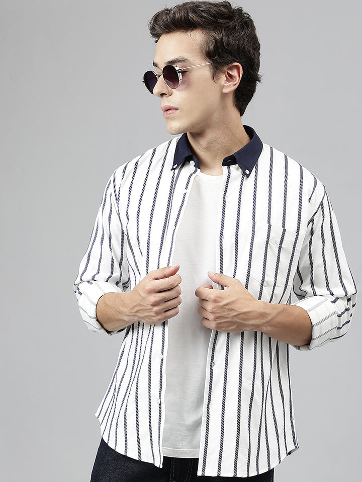 Men White & Navy Pure Cotton Striped Self Design Button Down Collar Slim Fit Casual Shirt