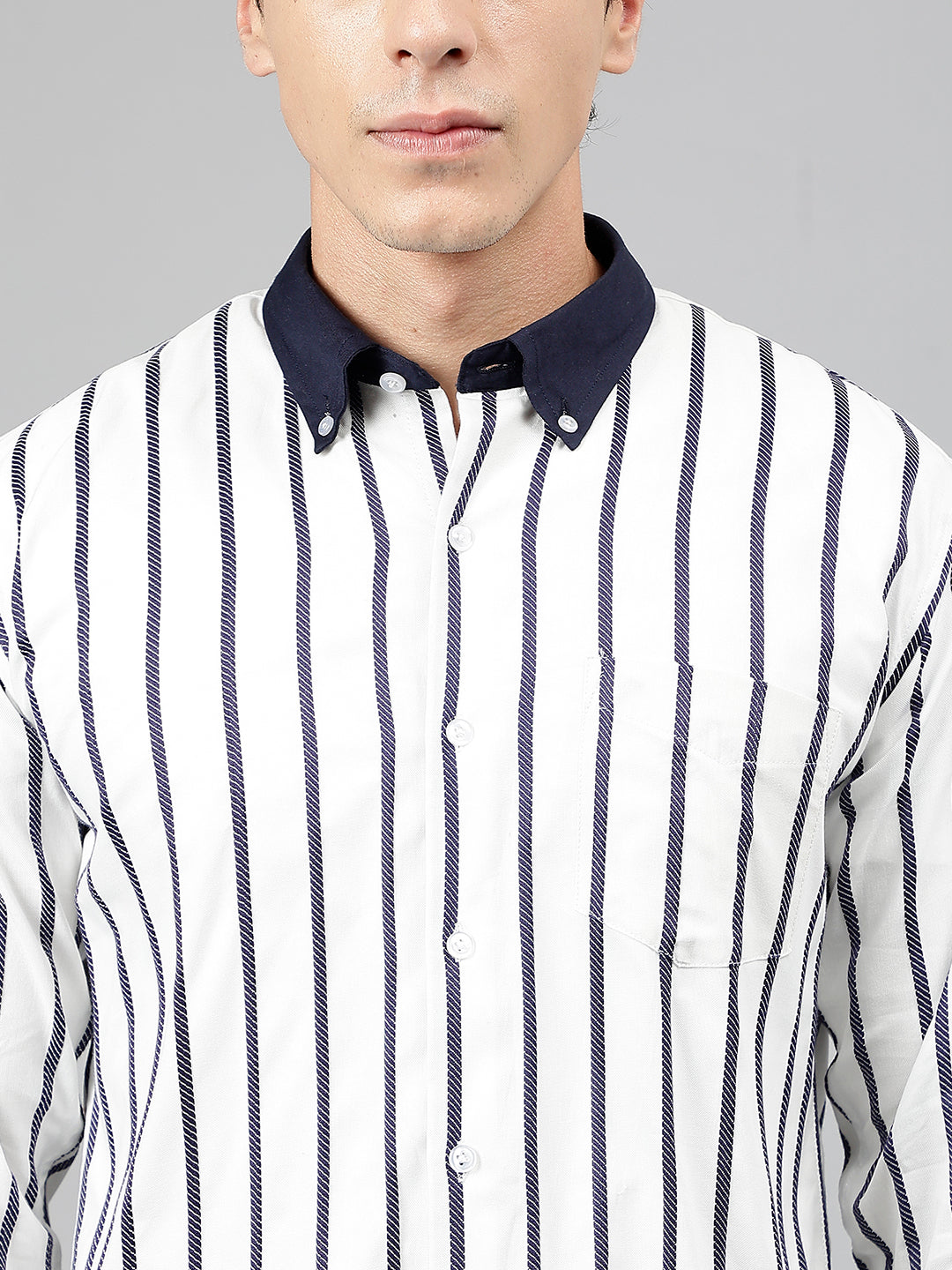 Men White & Navy Pure Cotton Striped Self Design Button Down Collar Slim Fit Casual Shirt