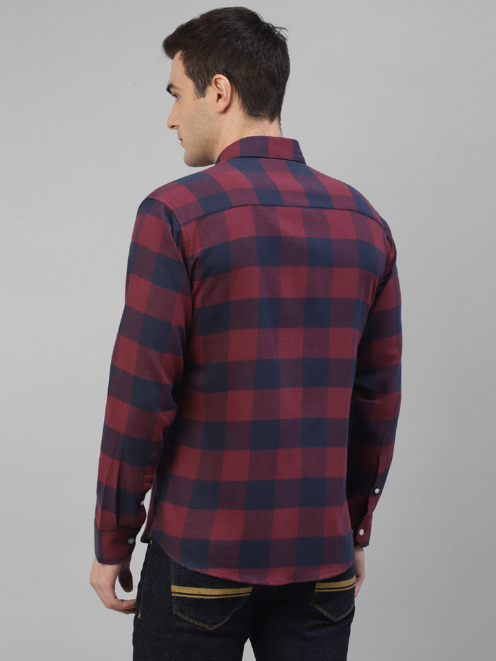 Men Maroon & Navy Blue Plaided & Flannel Checked Pure Cotton Slim Fit Casual Shirt