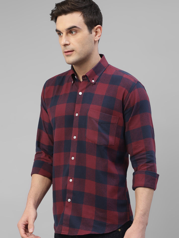 Men Maroon & Navy Blue Plaided & Flannel Checked Pure Cotton Slim Fit Casual Shirt