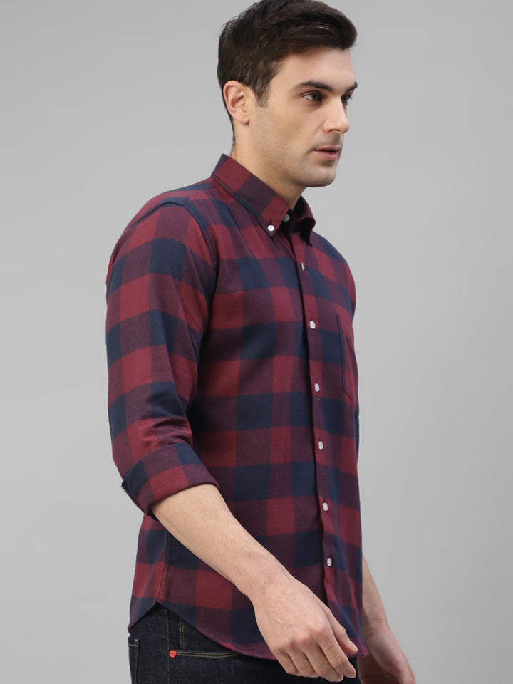Men Maroon & Navy Blue Plaided & Flannel Checked Pure Cotton Slim Fit Casual Shirt