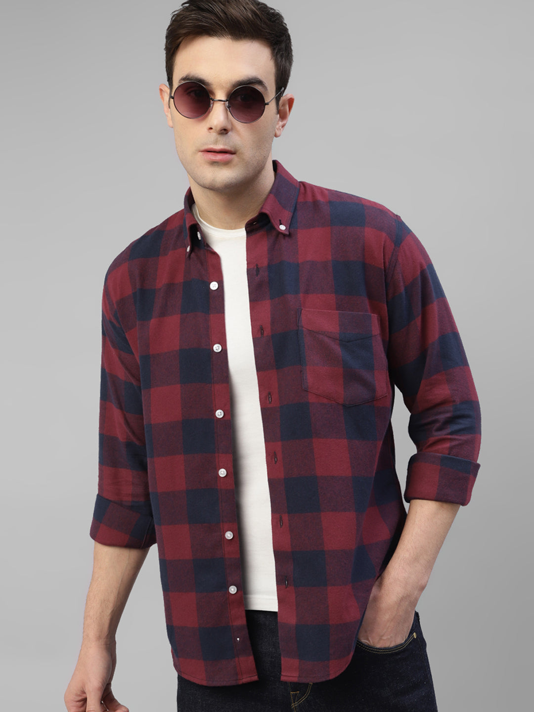 Men Maroon & Navy Blue Plaided & Flannel Checked Pure Cotton Slim Fit Casual Shirt