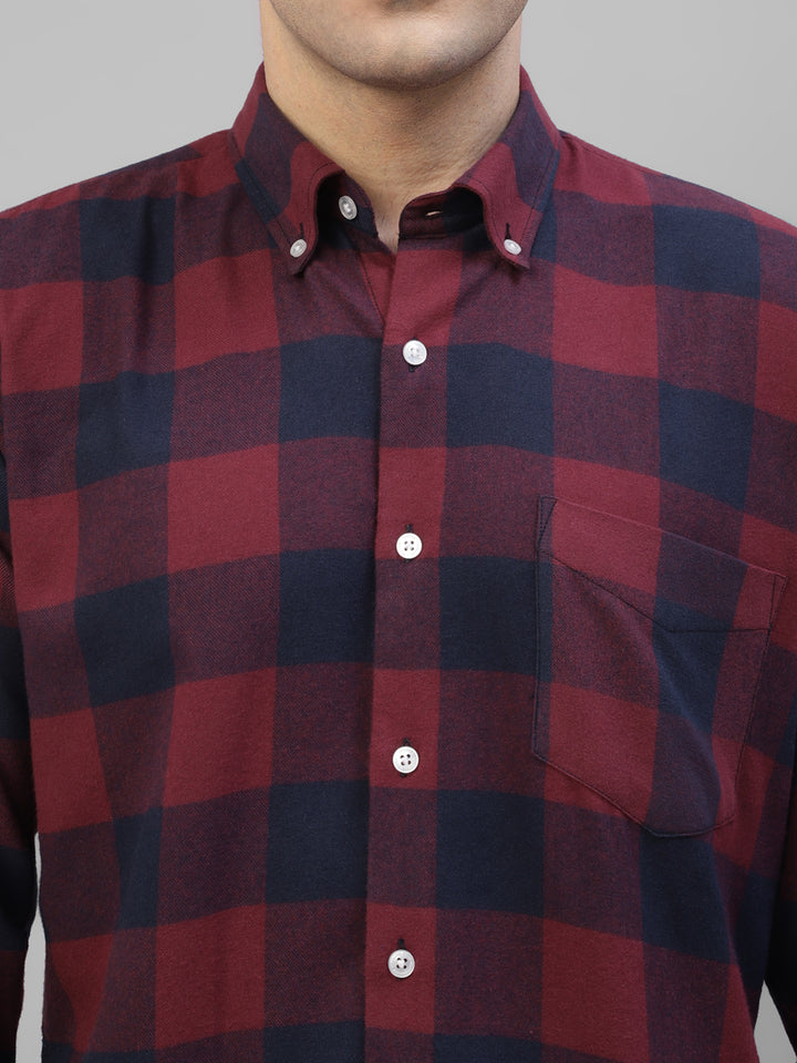 Men Maroon & Navy Blue Plaided & Flannel Checked Pure Cotton Slim Fit Casual Shirt