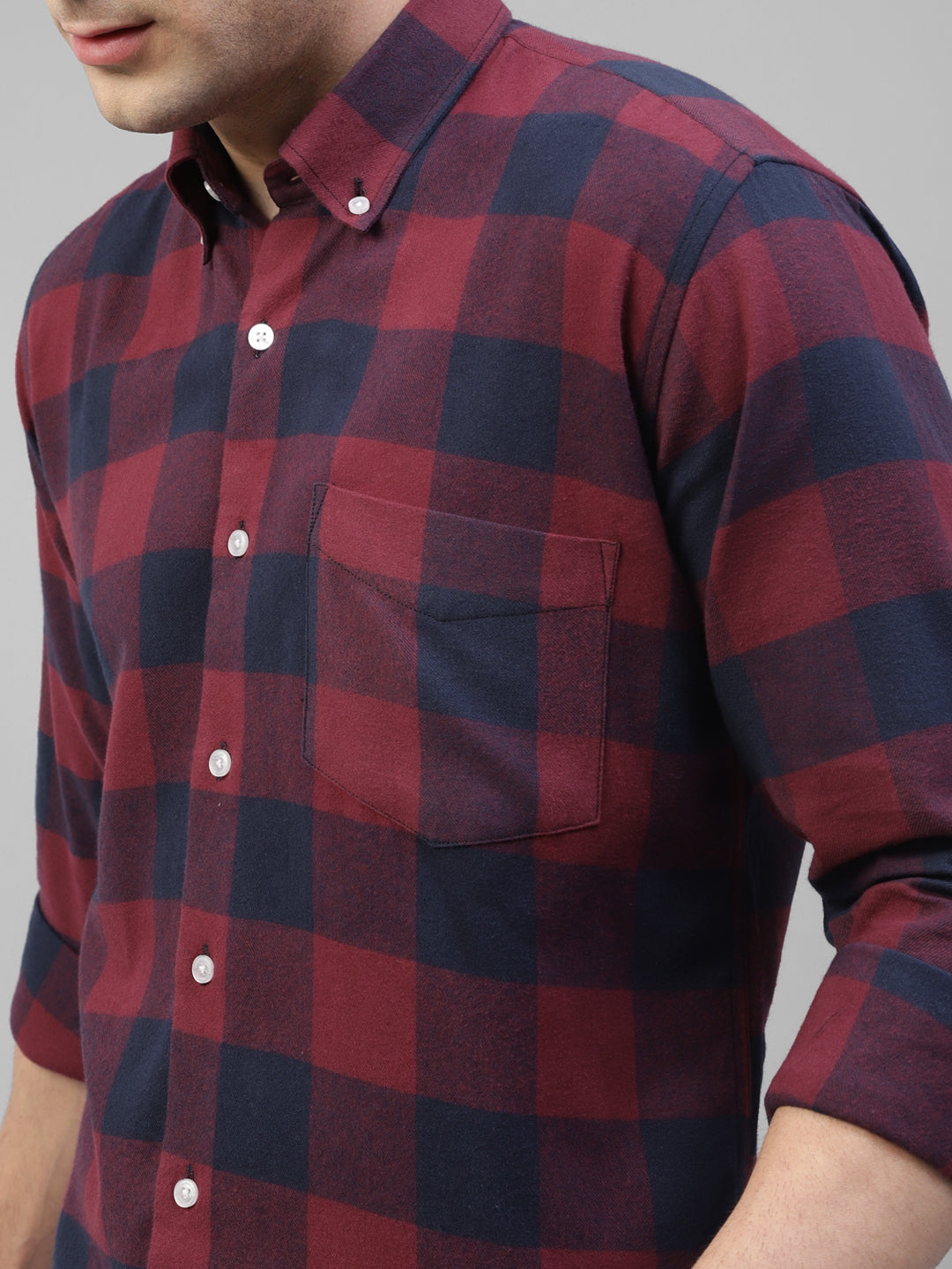 Men Maroon & Navy Blue Plaided & Flannel Checked Pure Cotton Slim Fit Casual Shirt