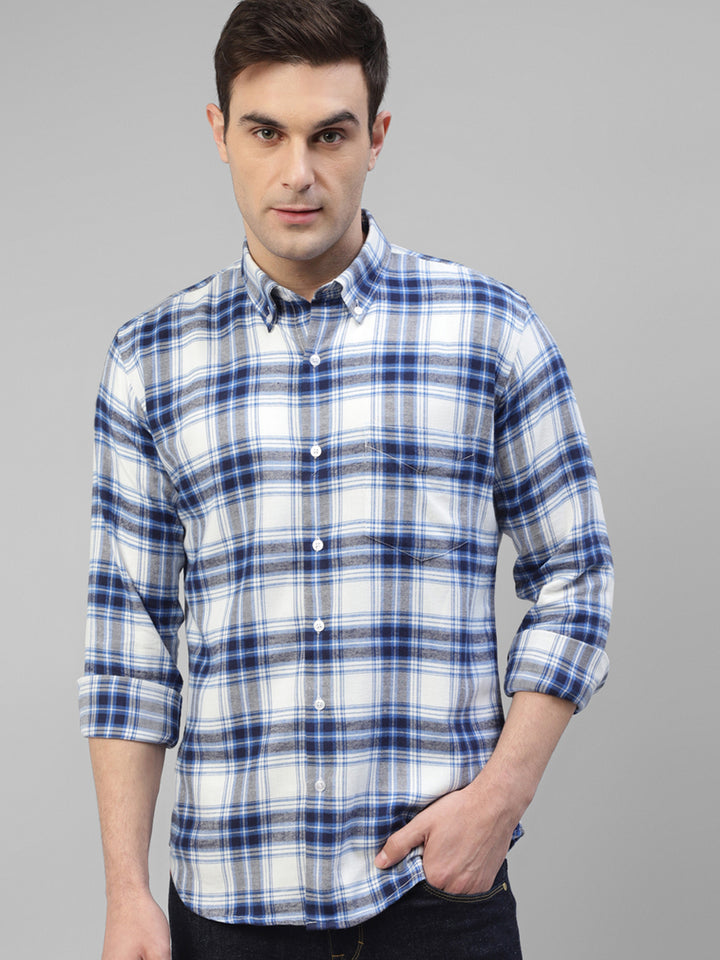 Men White & Blue Flannel Plaided Checked Pure Cotton Slim Fit Casual Shirt