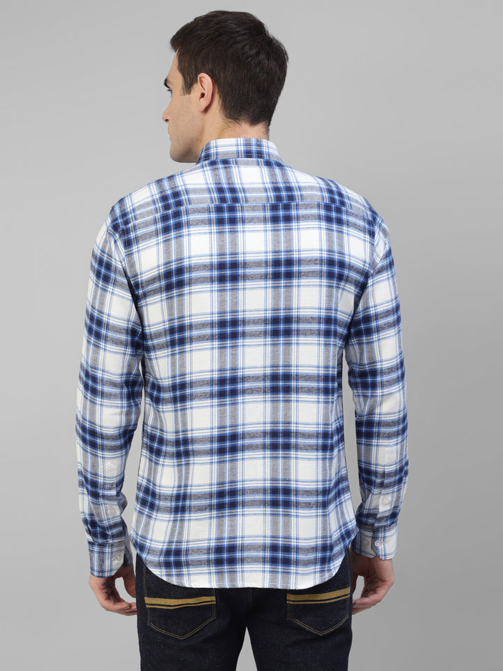 Men White & Blue Flannel Plaided Checked Pure Cotton Slim Fit Casual Shirt