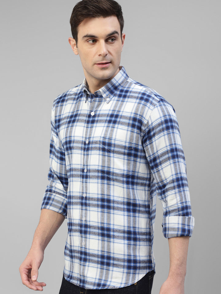 Men White & Blue Flannel Plaided Checked Pure Cotton Slim Fit Casual Shirt