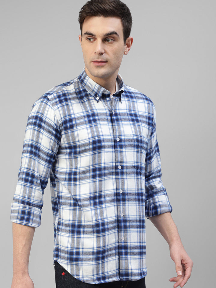 Men White & Blue Flannel Plaided Checked Pure Cotton Slim Fit Casual Shirt