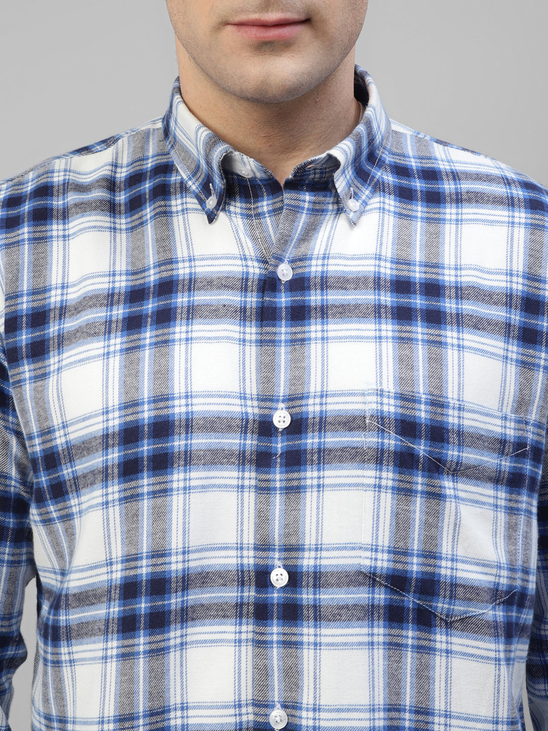 Men White & Blue Flannel Plaided Checked Pure Cotton Slim Fit Casual Shirt