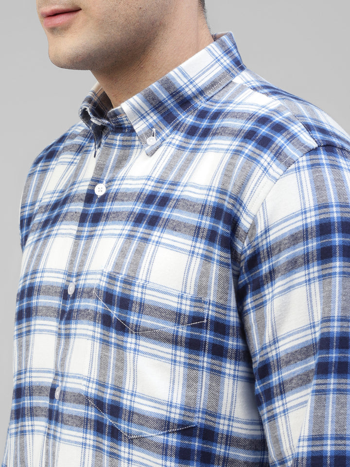 Men White & Blue Flannel Plaided Checked Pure Cotton Slim Fit Casual Shirt