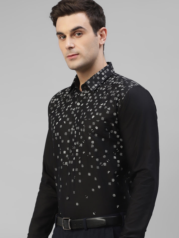 Men Black Micro Ditsy Printed Slim Fit Party Shirt