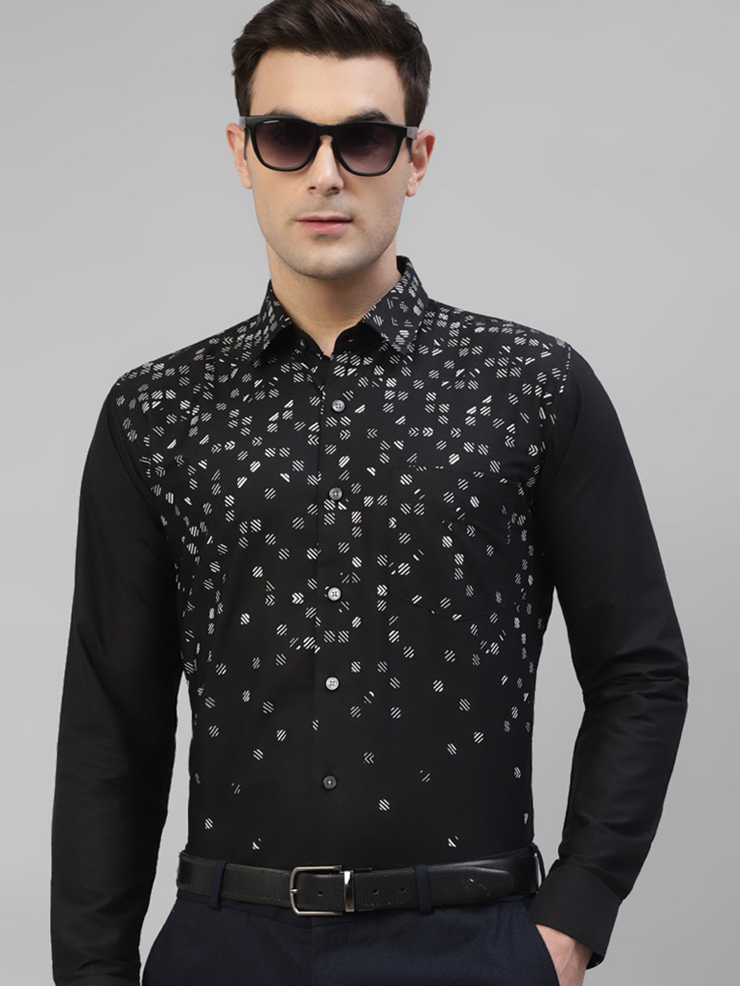 Men Black Micro Ditsy Printed Slim Fit Party Shirt