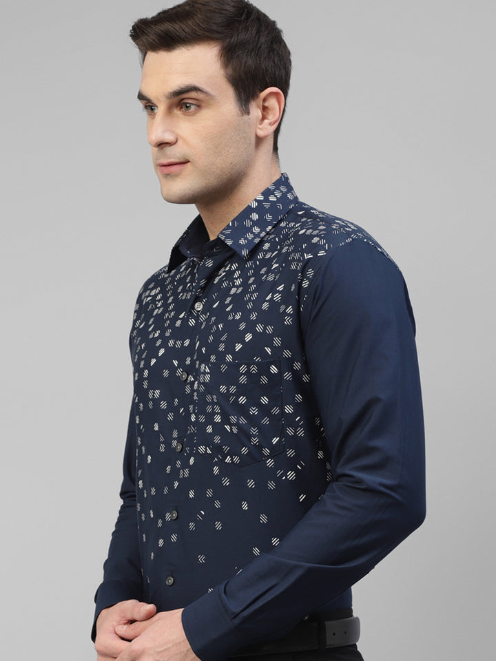 Men Blue Micro Ditsy Printed Slim Fit Party Shirt