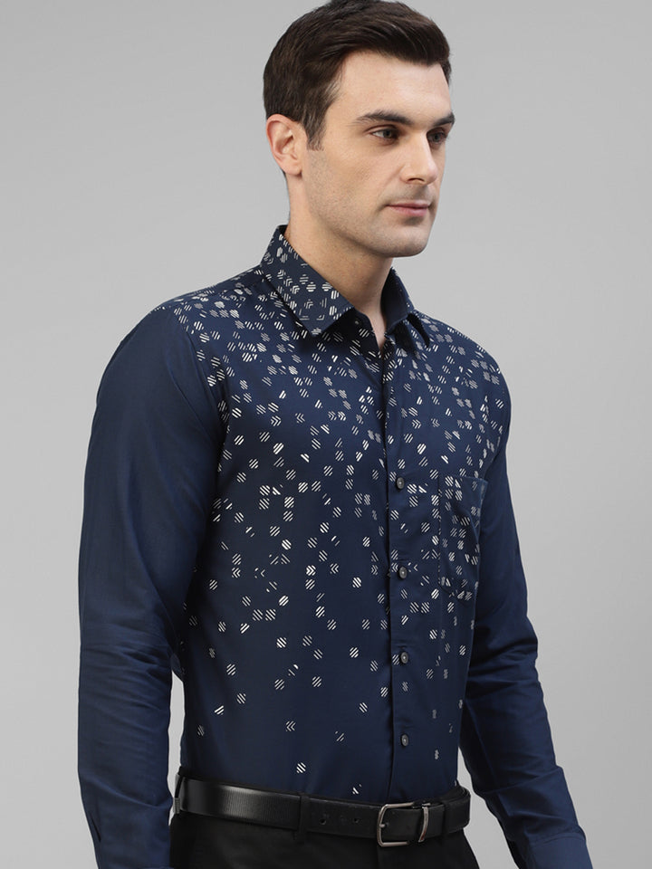 Men Blue Micro Ditsy Printed Slim Fit Party Shirt