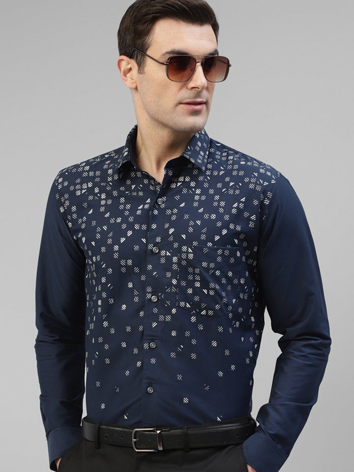 Men Blue Micro Ditsy Printed Slim Fit Party Shirt