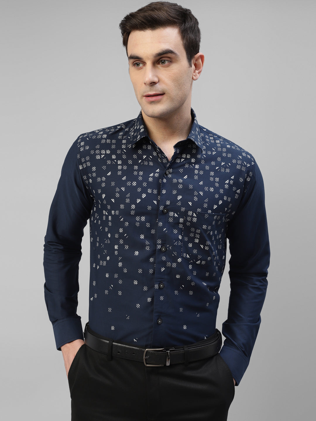 Men Blue Micro Ditsy Printed Slim Fit Party Shirt