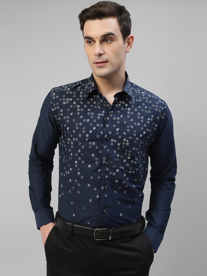 Men Blue Micro Ditsy Printed Slim Fit Party Shirt