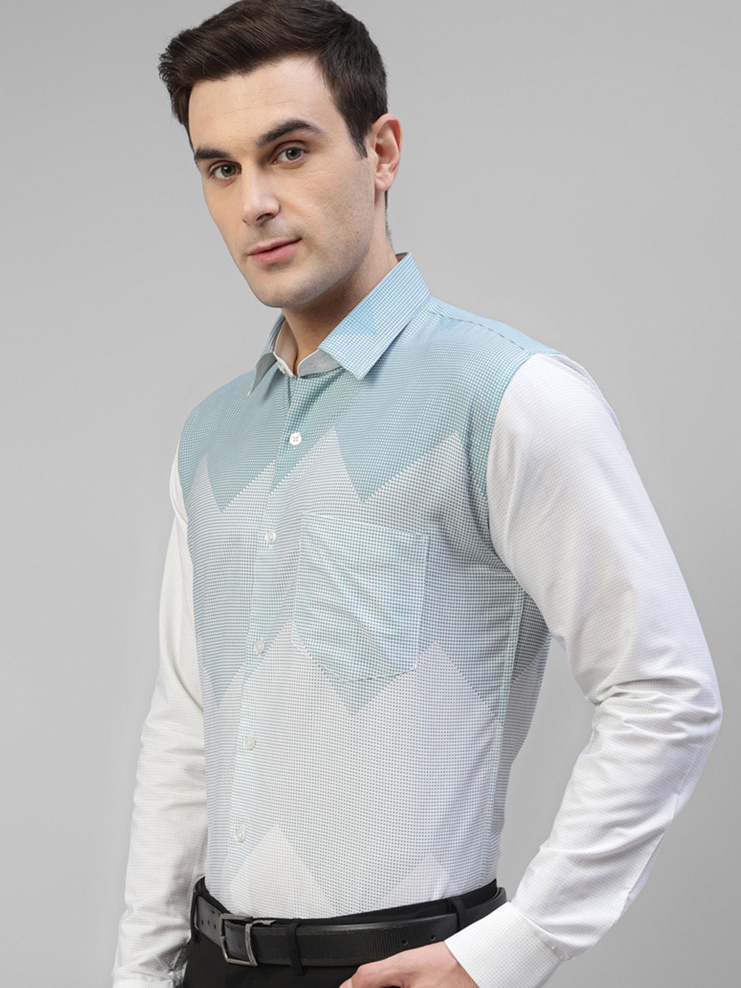 Men Green & Cream Micro Checked Printed Slim Fit Party Shirt
