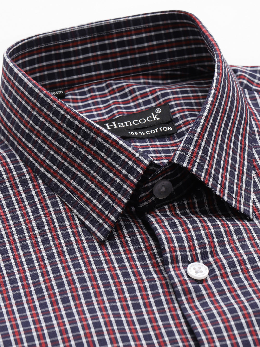 Men Navy Blue & Red Micro Checked Pure Cotton Slim Fit Formal Shirt