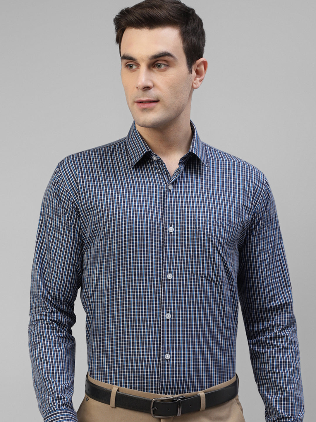 Men Navy Blue & Blue Micro Checked Pure Cotton Slim Fit Formal Shirt