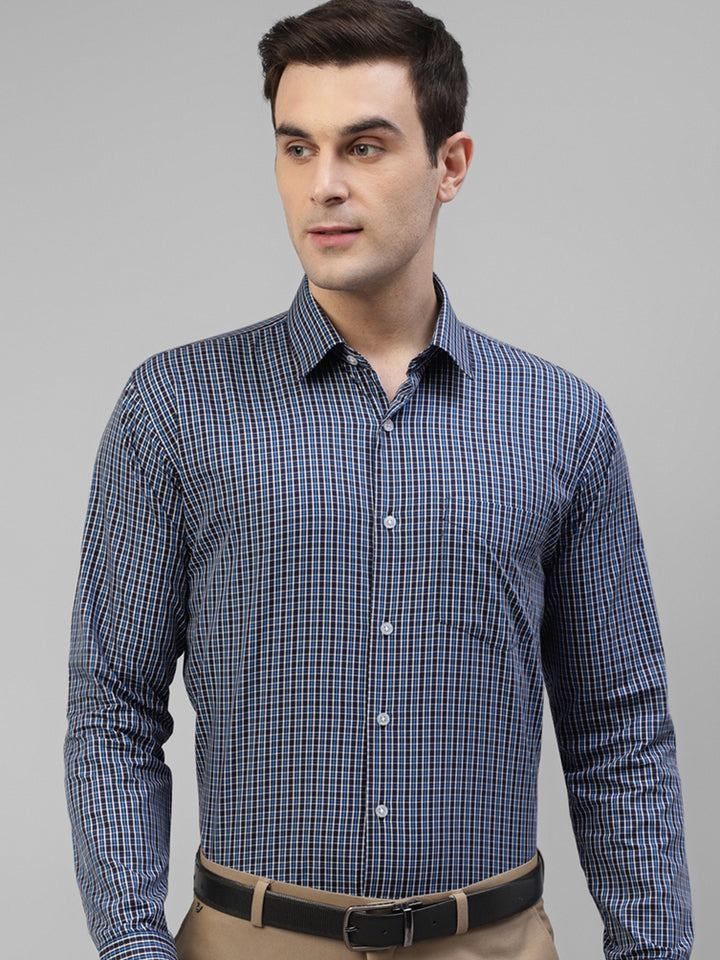 Men Navy Blue & Blue Micro Checked Pure Cotton Slim Fit Formal Shirt