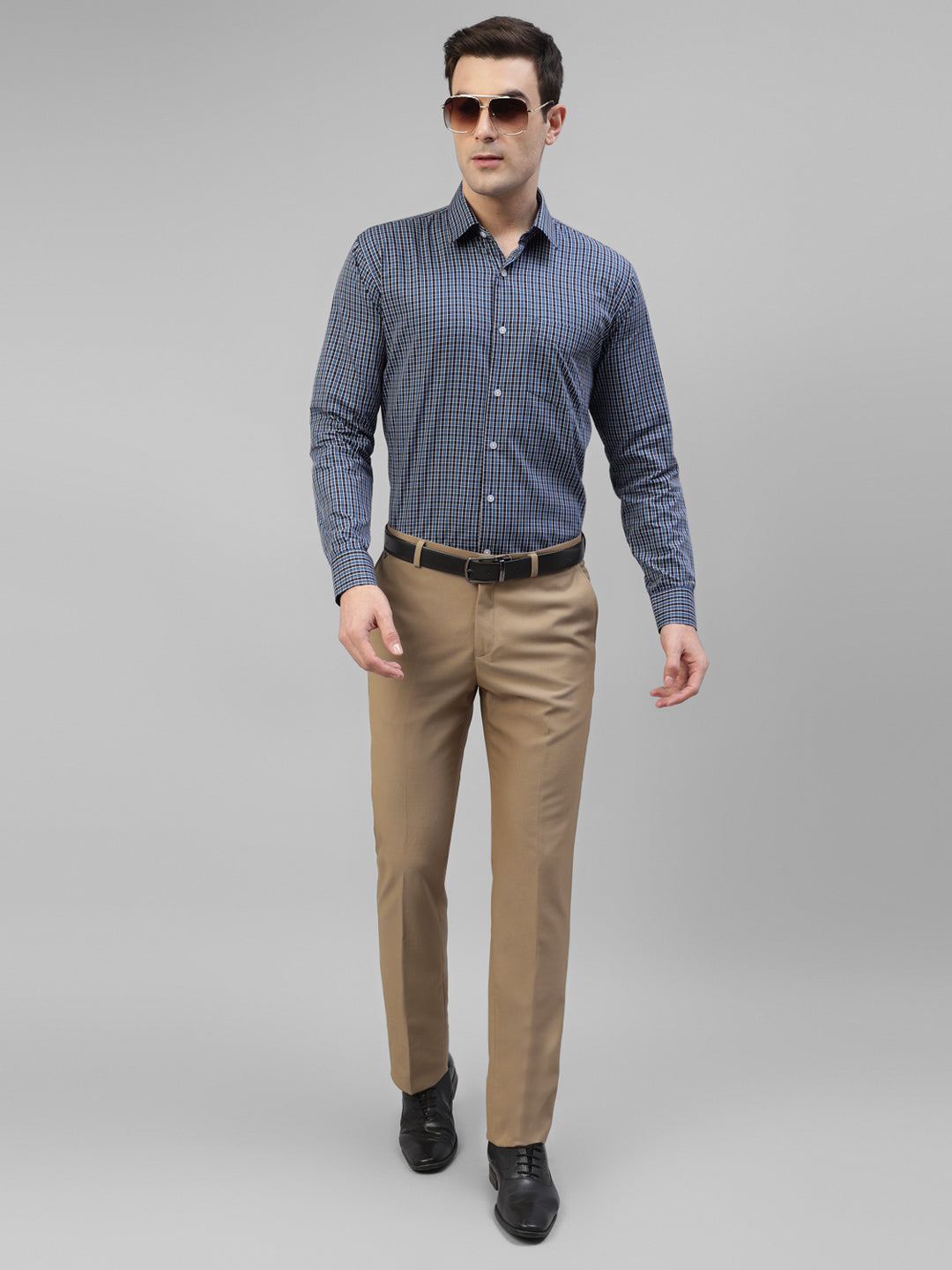 Men Navy Blue & Blue Micro Checked Pure Cotton Slim Fit Formal Shirt