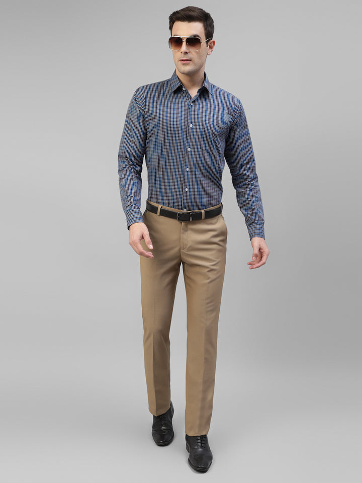 Men Navy Blue & Blue Micro Checked Pure Cotton Slim Fit Formal Shirt
