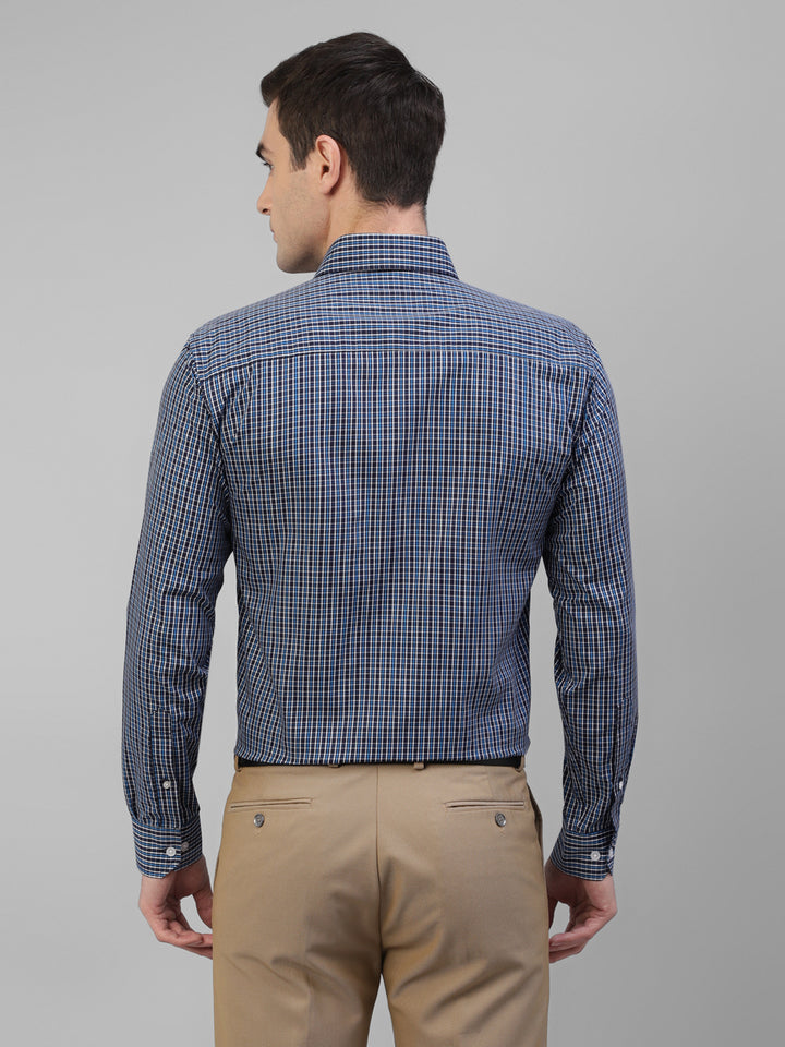 Men Navy Blue & Blue Micro Checked Pure Cotton Slim Fit Formal Shirt