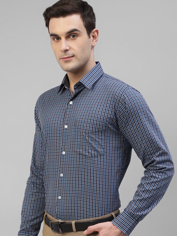 Men Navy Blue & Blue Micro Checked Pure Cotton Slim Fit Formal Shirt