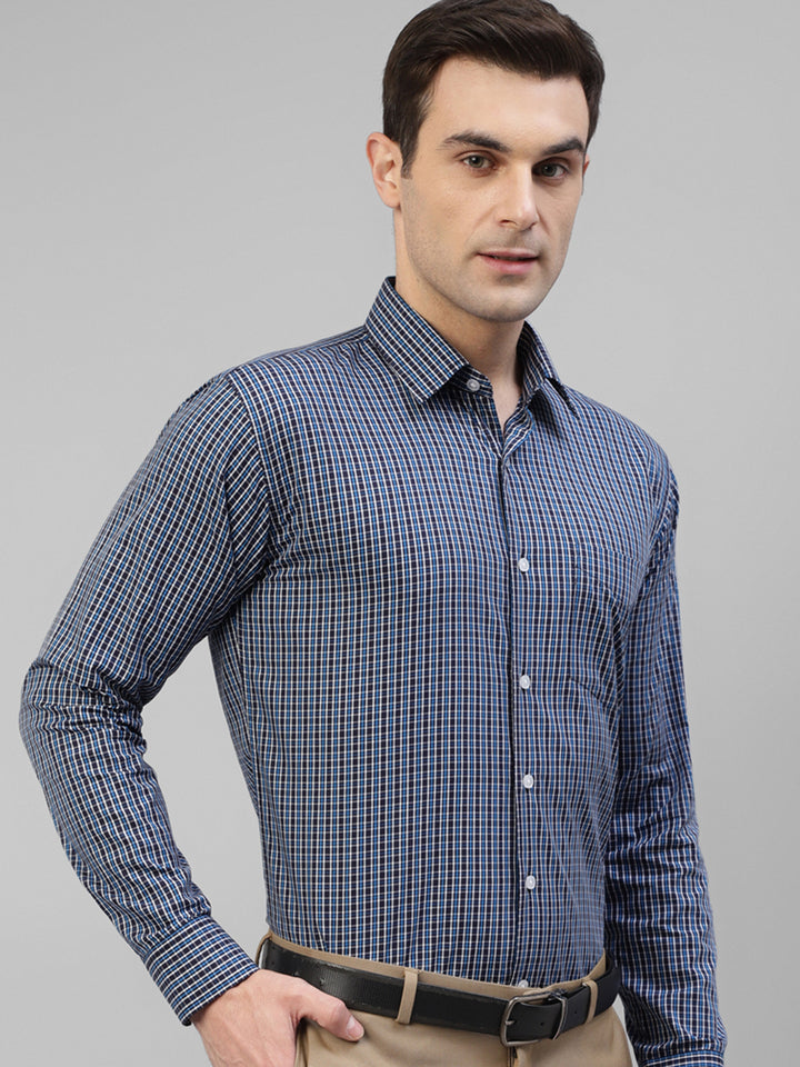 Men Navy Blue & Blue Micro Checked Pure Cotton Slim Fit Formal Shirt