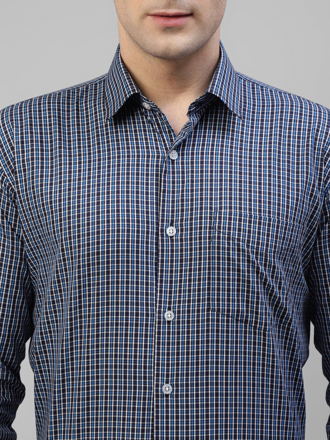 Men Navy Blue & Blue Micro Checked Pure Cotton Slim Fit Formal Shirt