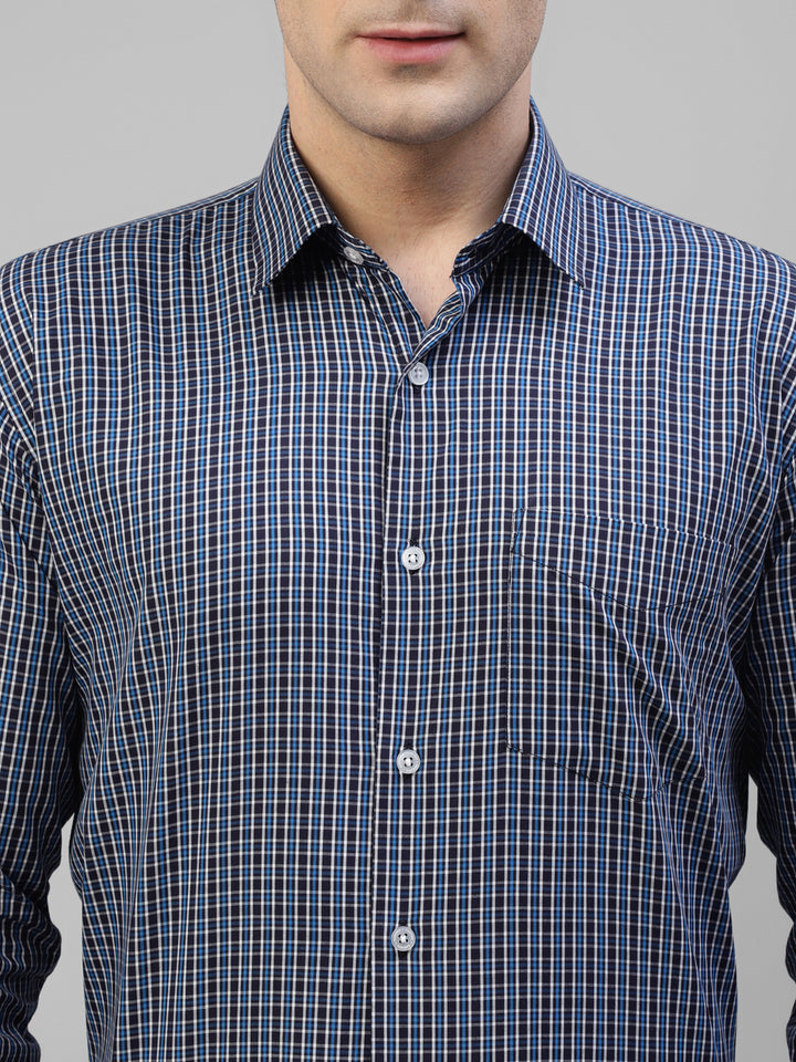 Men Navy Blue & Blue Micro Checked Pure Cotton Slim Fit Formal Shirt