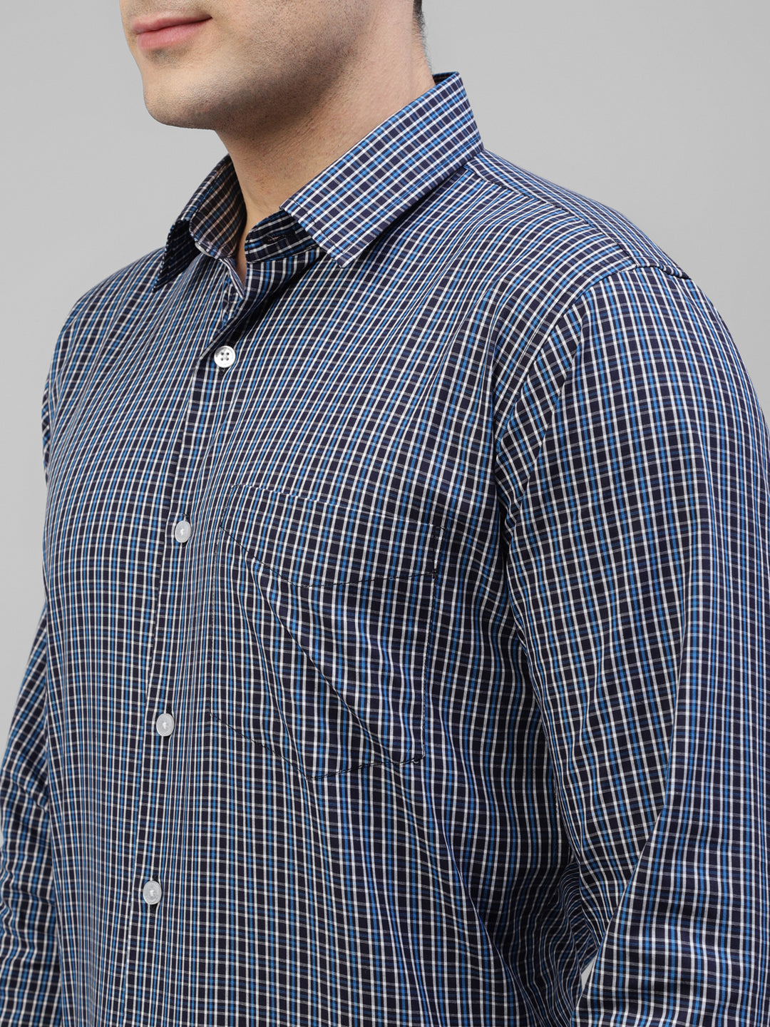Men Navy Blue & Blue Micro Checked Pure Cotton Slim Fit Formal Shirt