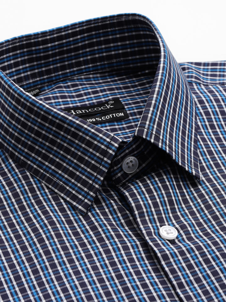 Men Navy Blue & Blue Micro Checked Pure Cotton Slim Fit Formal Shirt