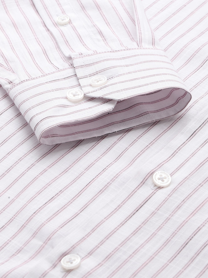 Men White & Pink Striped Linen Slim Fit Formal Shirt