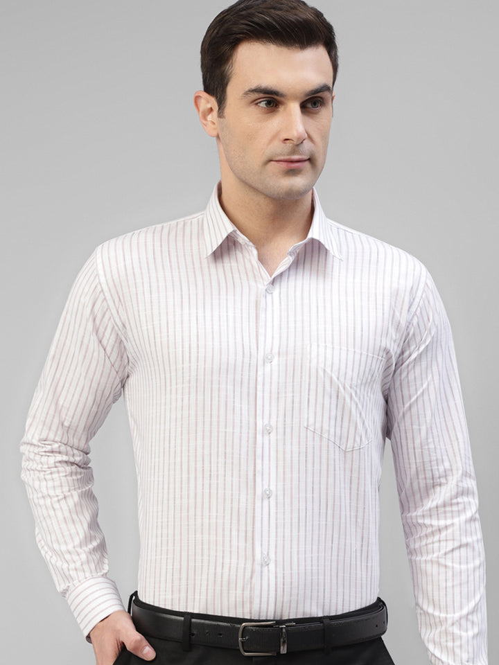 Men White & Pink Striped Linen Slim Fit Formal Shirt