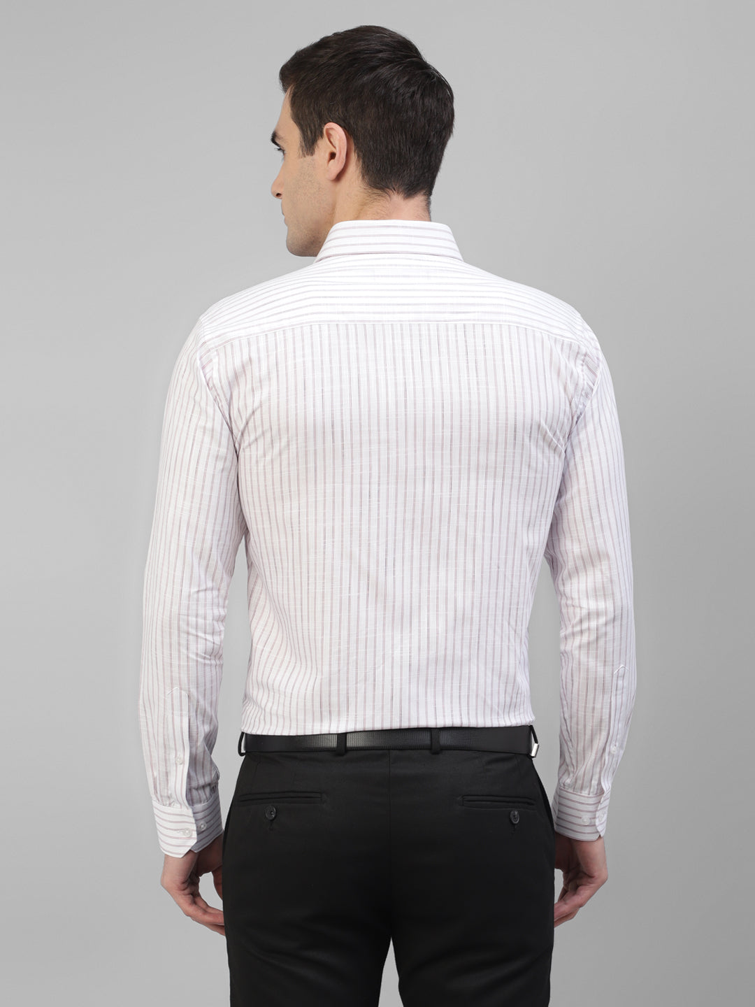 Men White & Pink Striped Linen Slim Fit Formal Shirt