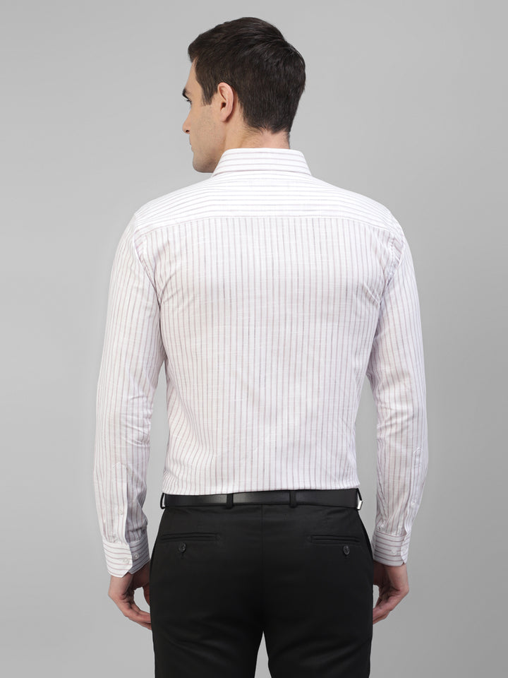 Men White & Pink Striped Linen Slim Fit Formal Shirt