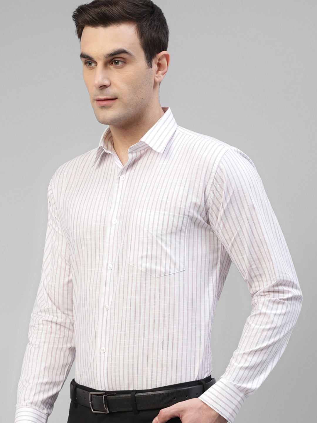 Men White & Pink Striped Linen Slim Fit Formal Shirt