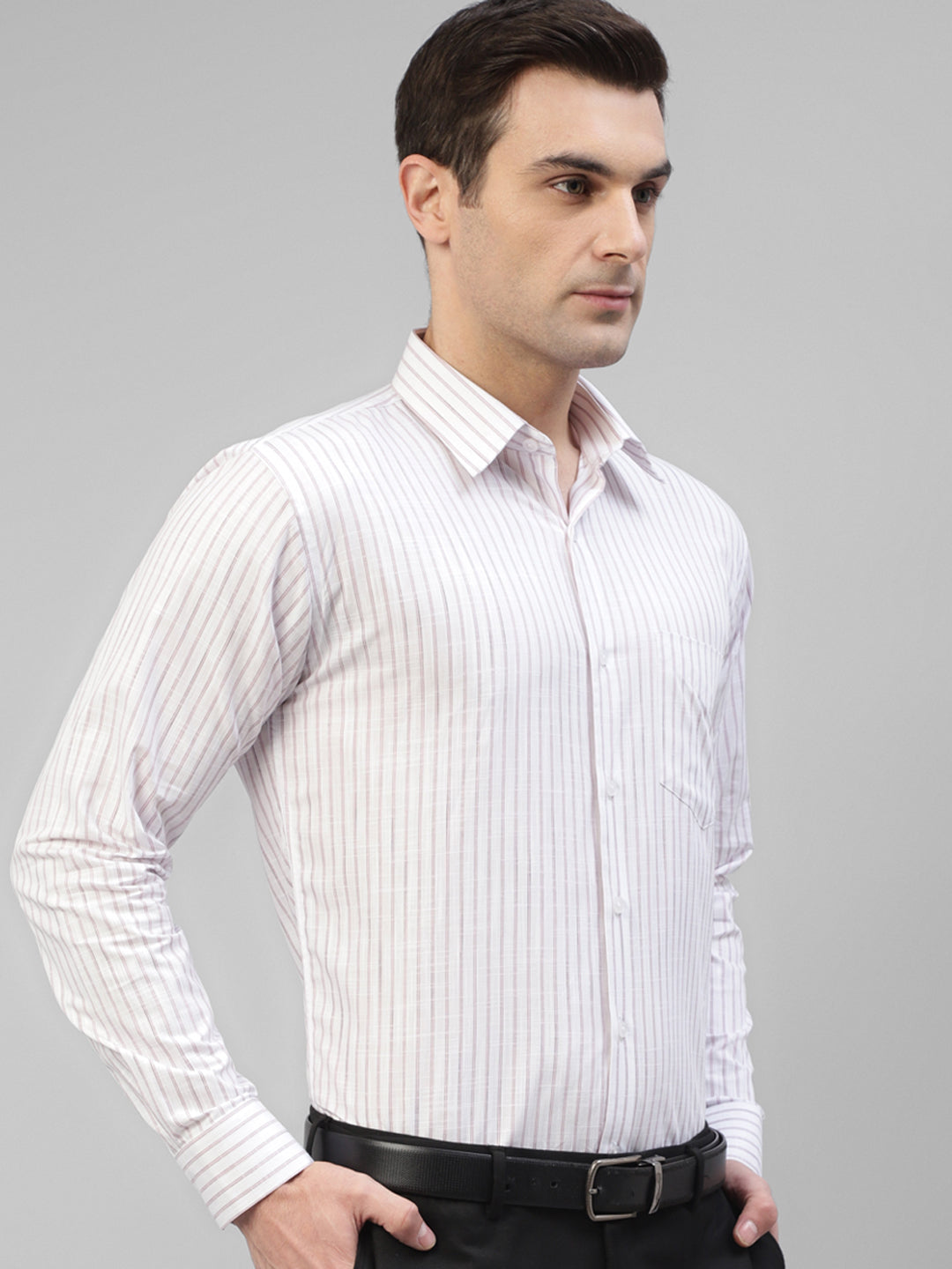Men White & Pink Striped Linen Slim Fit Formal Shirt