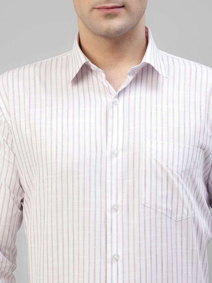 Men White & Pink Striped Linen Slim Fit Formal Shirt