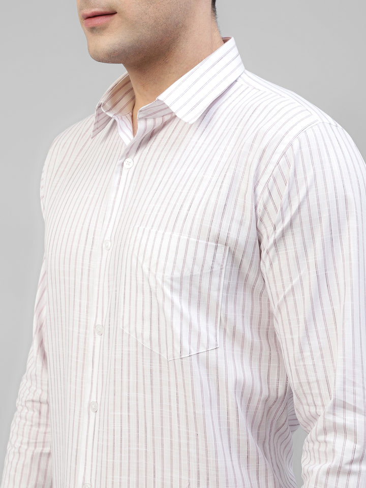 Men White & Pink Striped Linen Slim Fit Formal Shirt