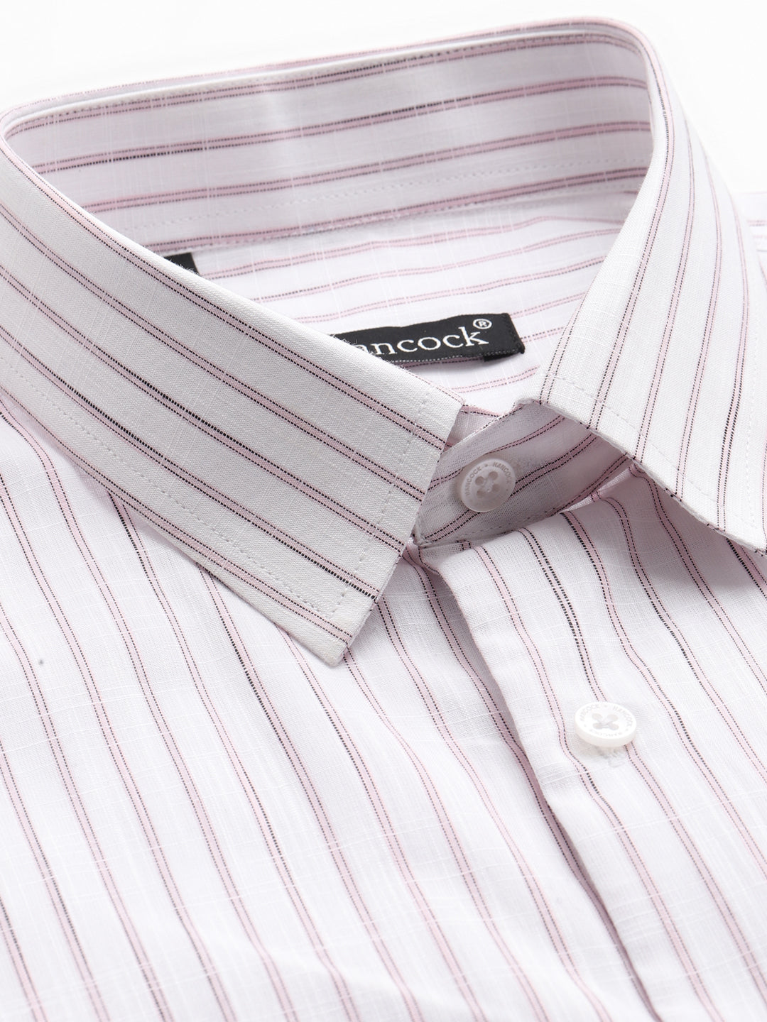 Men White & Pink Striped Linen Slim Fit Formal Shirt