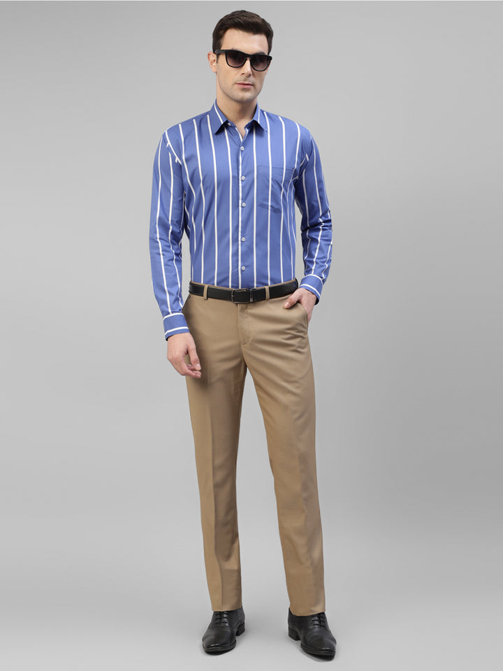 Men Blue Vertical Striped Pure Cotton Slim Fit Formal Shirt