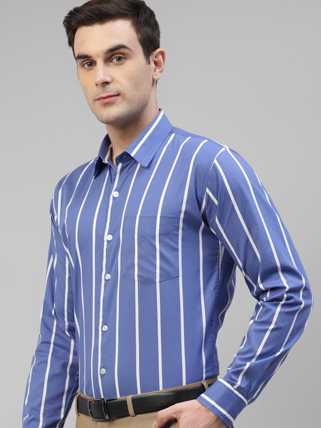 Men Blue Vertical Striped Pure Cotton Slim Fit Formal Shirt