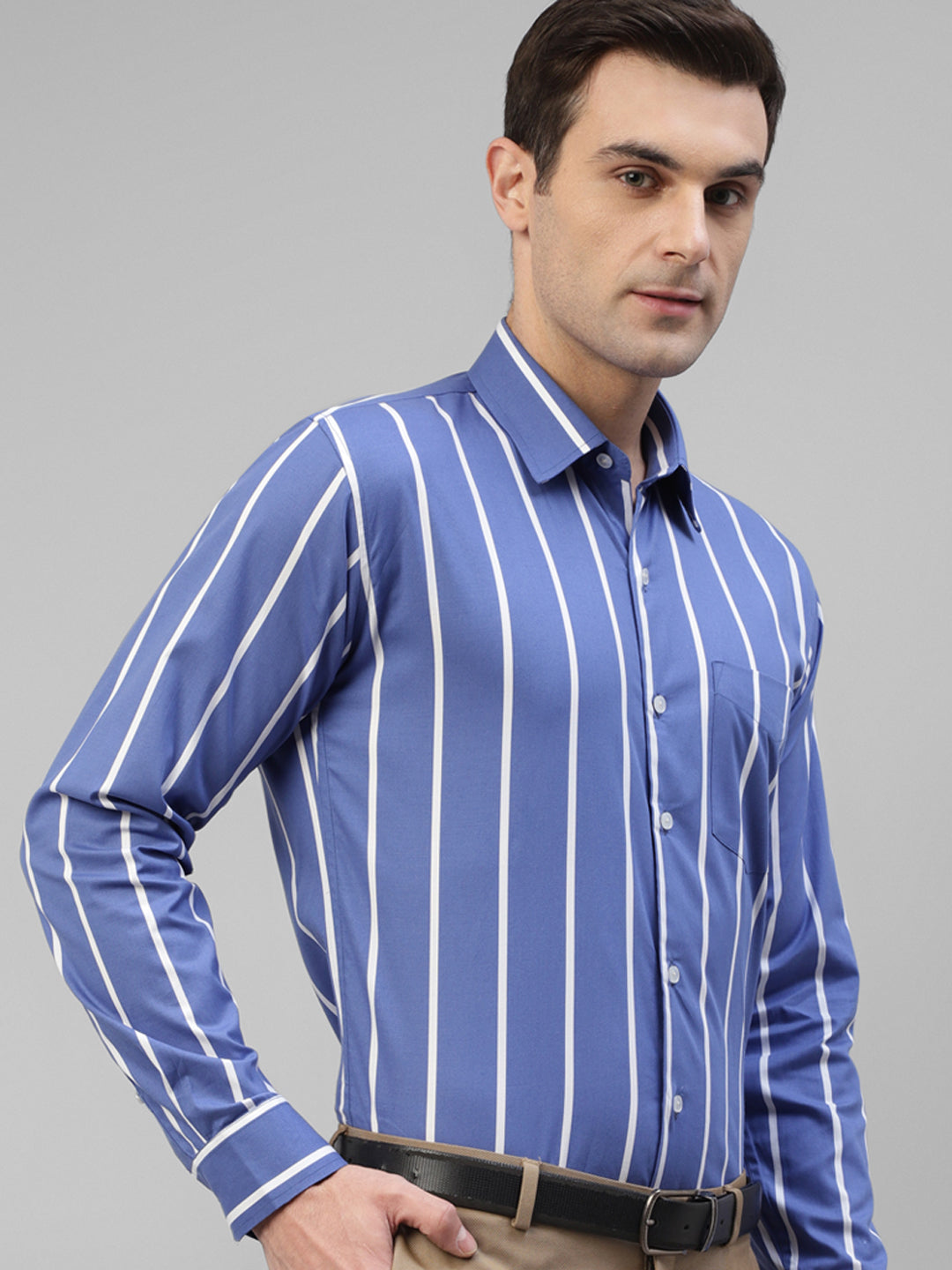 Men Blue Vertical Striped Pure Cotton Slim Fit Formal Shirt