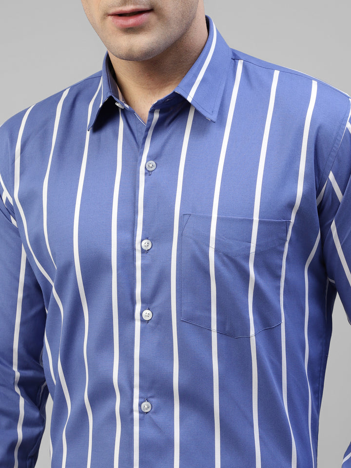 Men Blue Vertical Striped Pure Cotton Slim Fit Formal Shirt