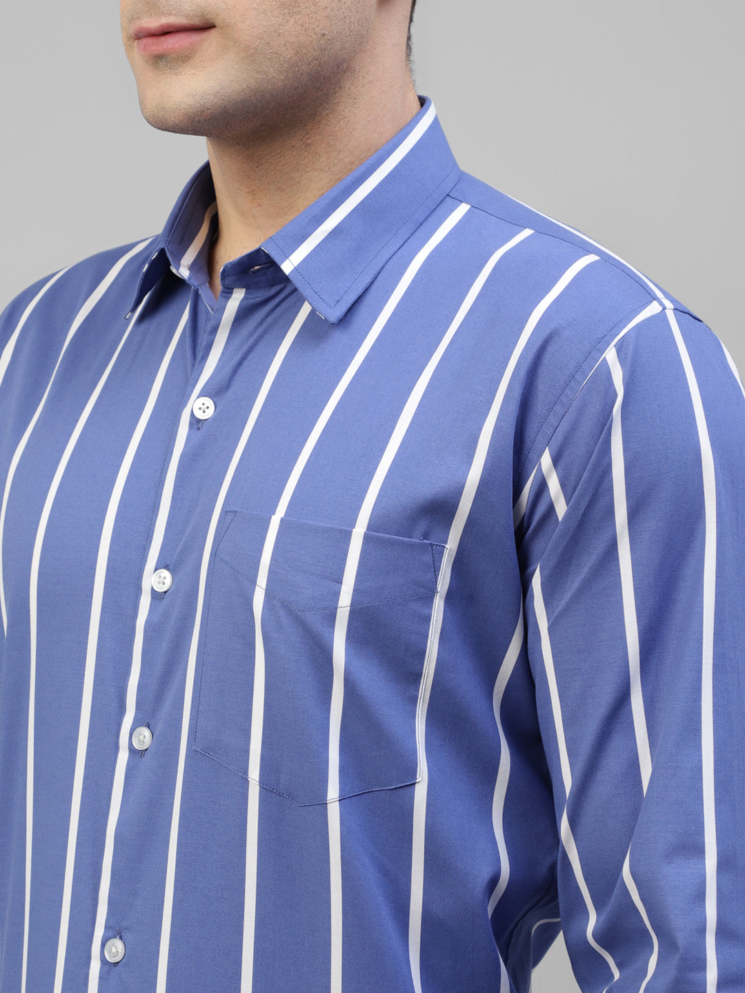 Men Blue Vertical Striped Pure Cotton Slim Fit Formal Shirt