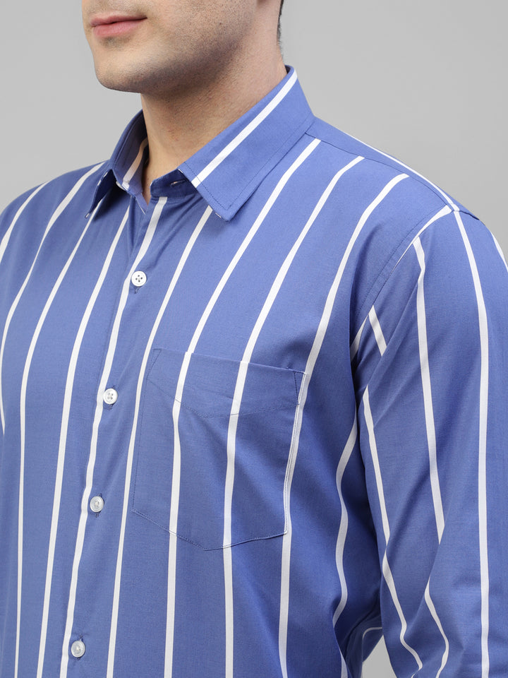 Men Blue Vertical Striped Pure Cotton Slim Fit Formal Shirt
