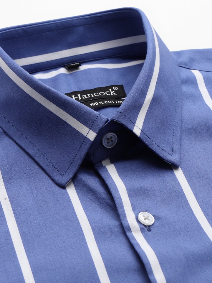 Men Blue Vertical Striped Pure Cotton Slim Fit Formal Shirt